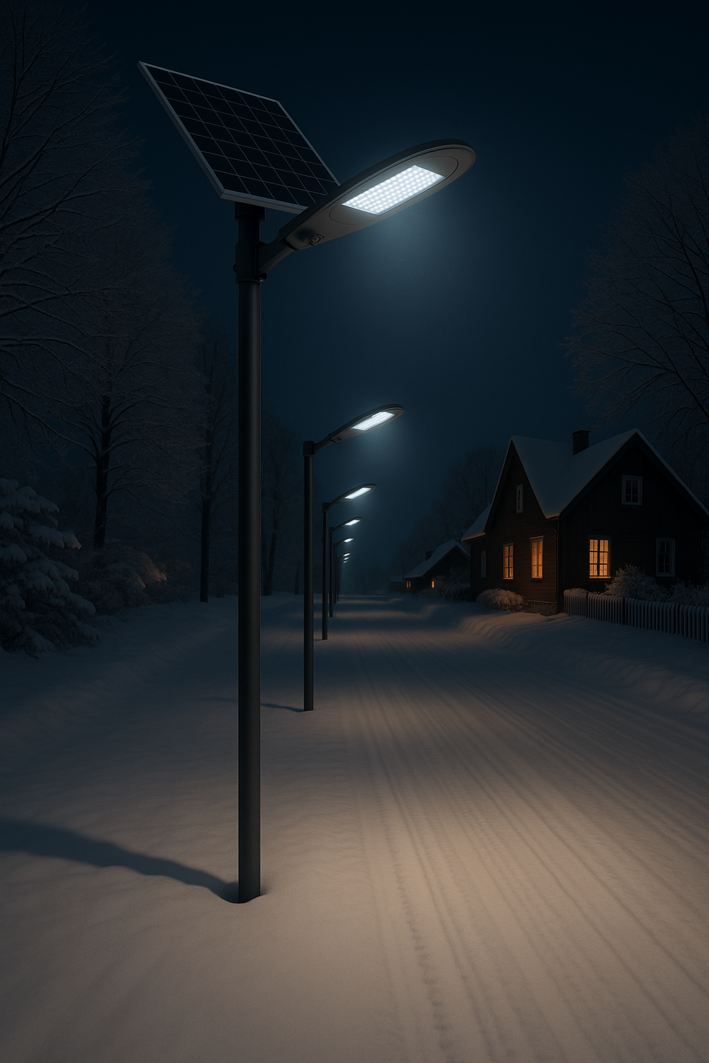 Nordic snowy street with solar lamps